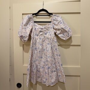 Billabong Floral Puff Sleeve Dress - White and blue